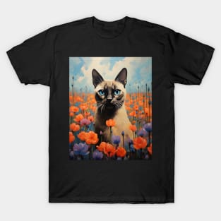 Retro Vintage Siamese Cat Art | Feline Garden Delight T-Shirt